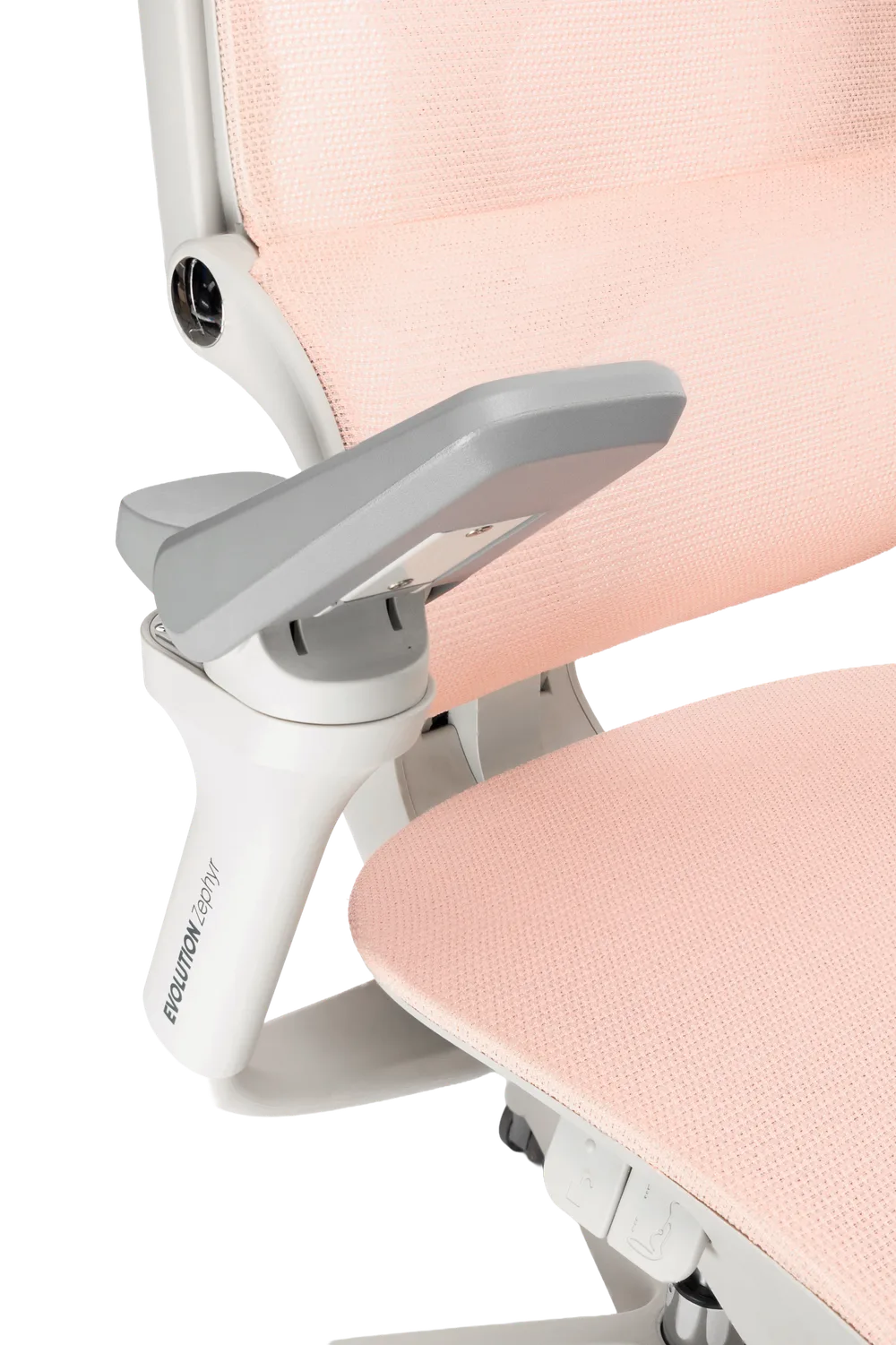Игровое кресло EVOLUTION Zephyr Pink, подлокотник и сиденье крупным планом