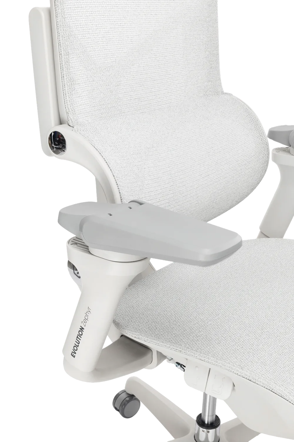 Игровое кресло EVOLUTION Zephyr Grey, боковой вид подлокотника и сиденья