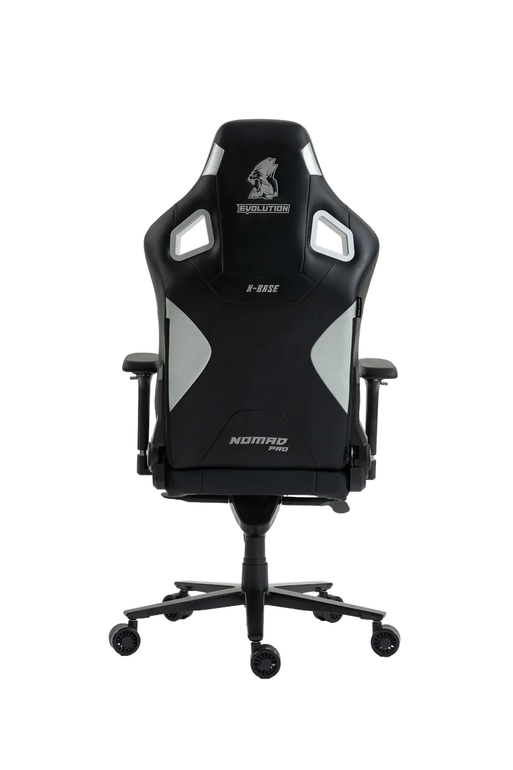 Игровое кресло NOMAD PRO X-BASE, вид сзади, чёрно-серебристое
