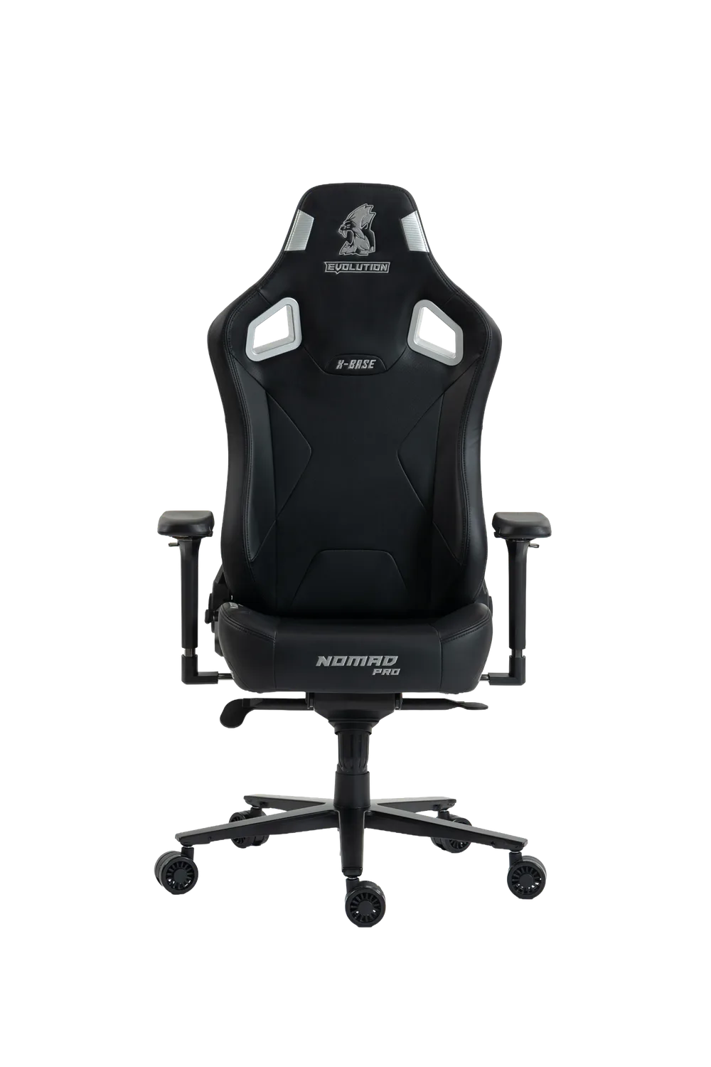 Игровое кресло NOMAD PRO X-BASE, фронтальный вид, черно-серебристое