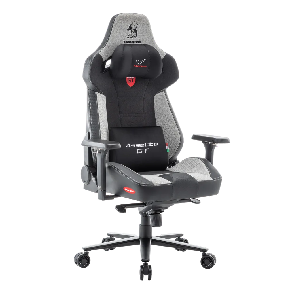 Игровое кресло EVOLUTION ASSETTO GT, вид спереди, чёрно-серое