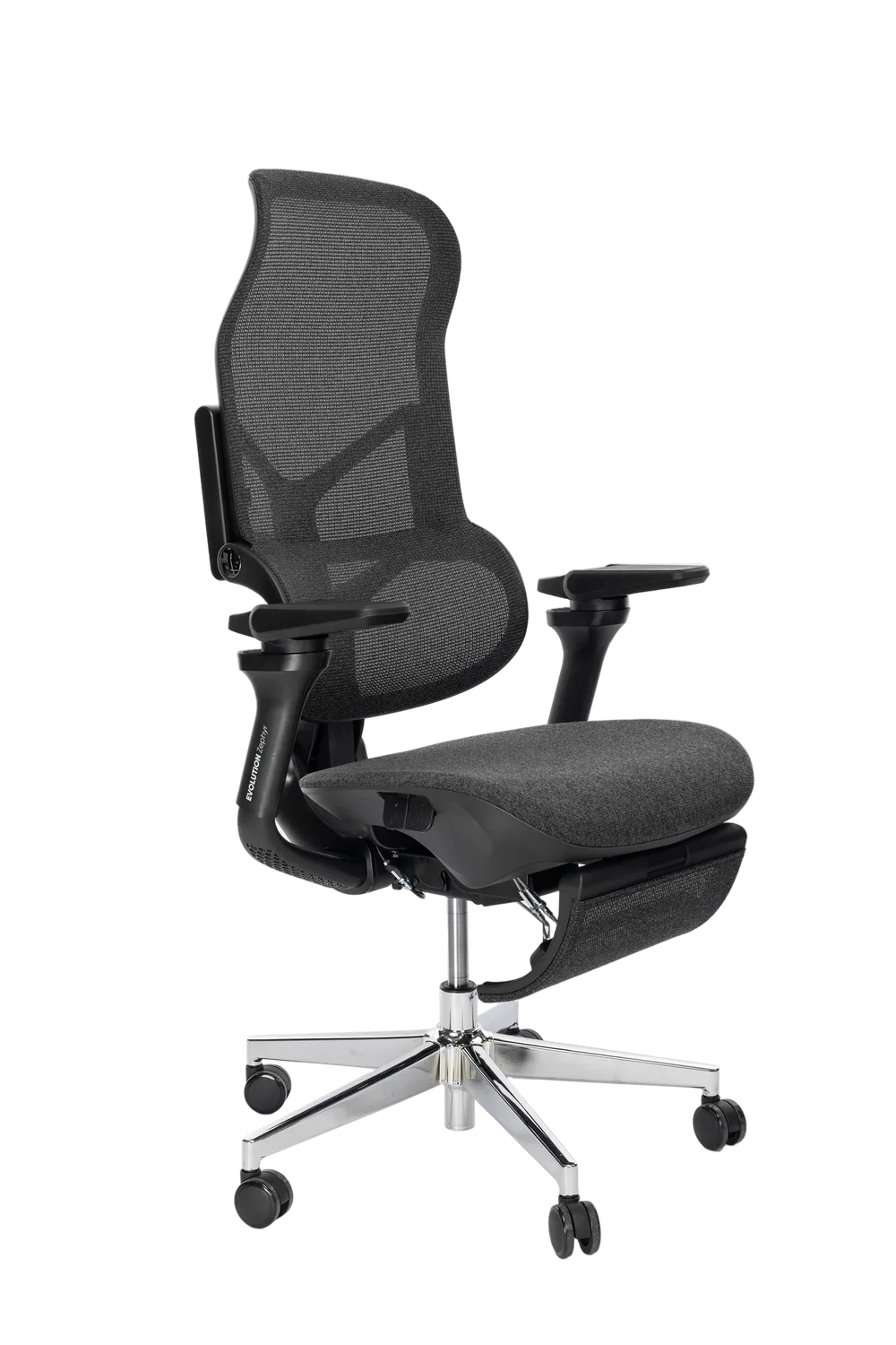 Игровое кресло EVOLUTION Zephyr, боковой вид, чёрная ткань