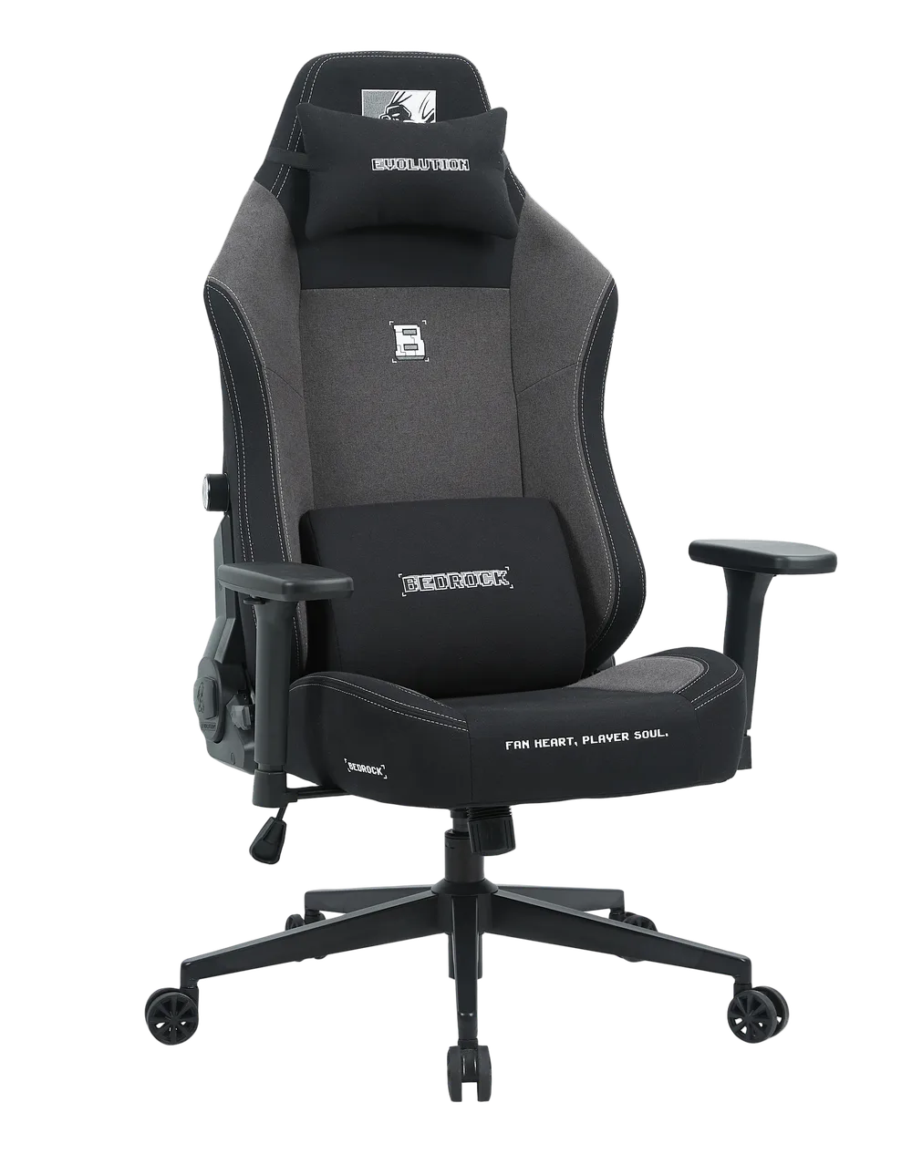 Игровое кресло EVOLUTION BEDROCK FABRIC, вид спереди, черно-серое