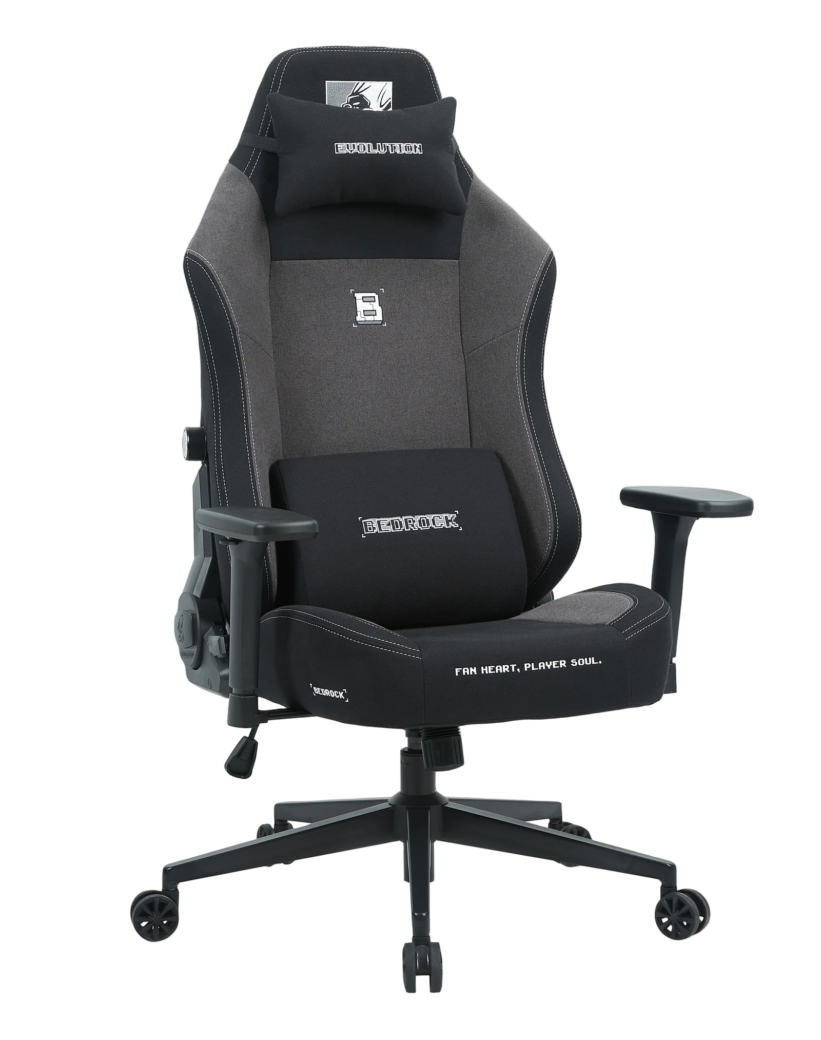 Игровое кресло EVOLUTION BEDROCK FABRIC, вид спереди, черно-серое