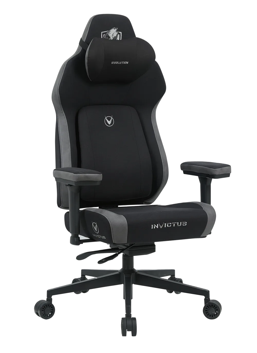 Игровое кресло Invictus FABRIC Black, вид спереди с подушкой