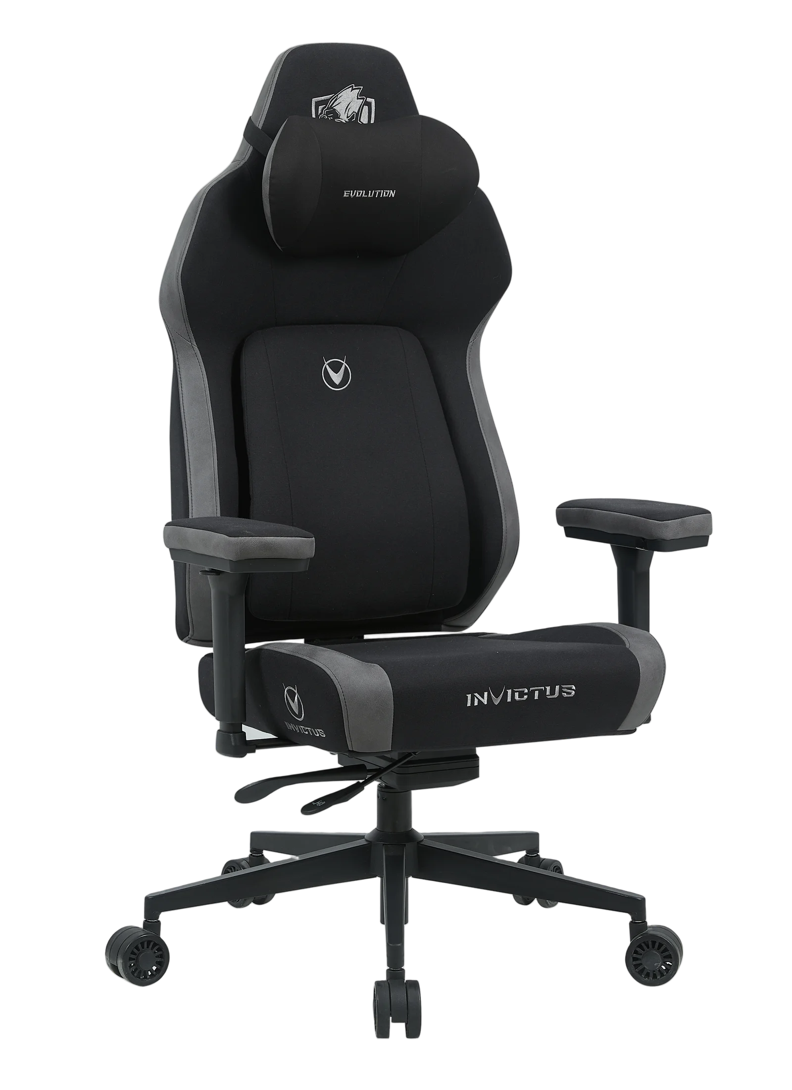 Игровое кресло Invictus FABRIC Black, вид спереди с подушкой
