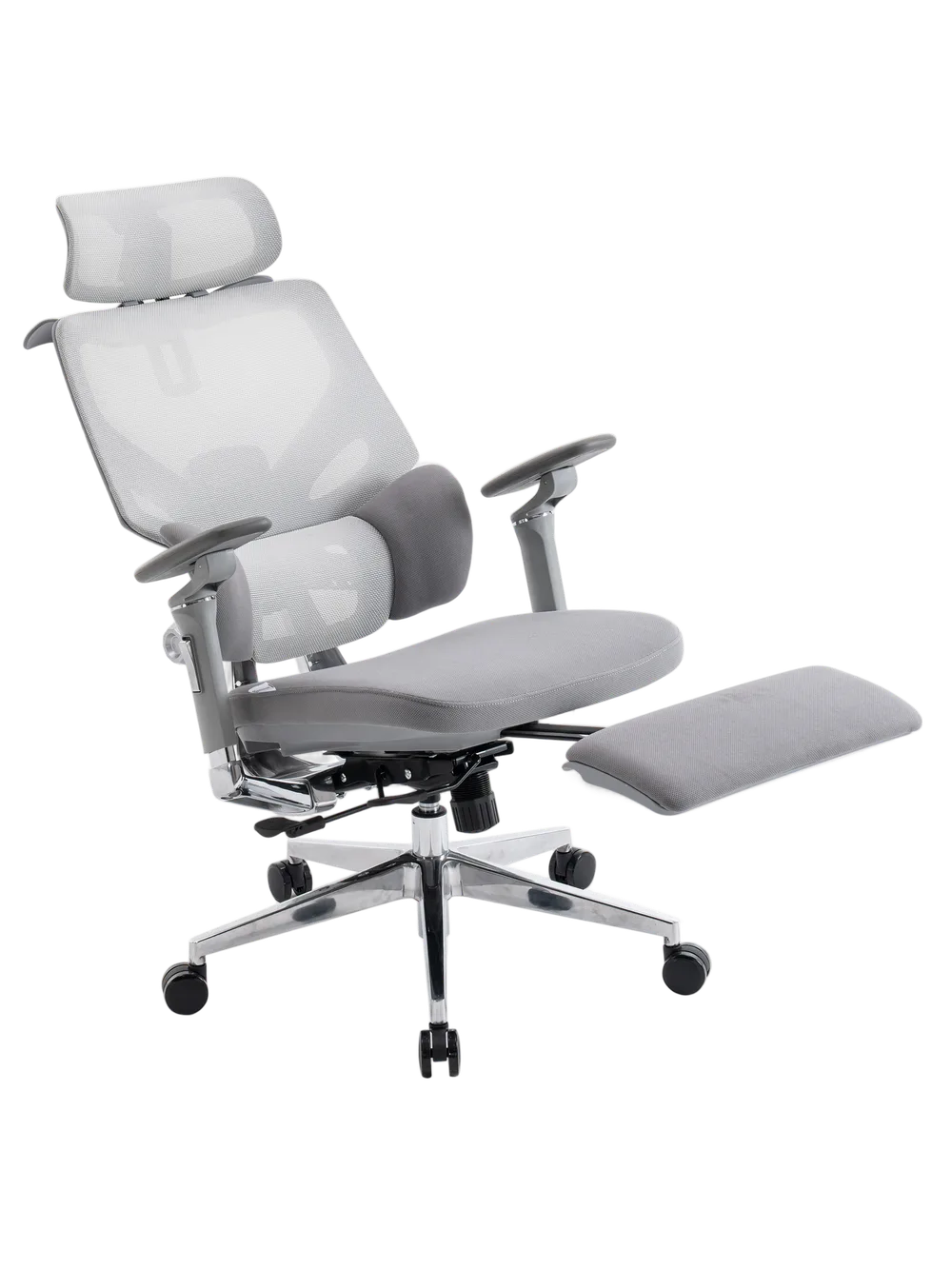 Игровое кресло EVOLUTION LumbarPro Elite Grey, вид сбоку с подножкой