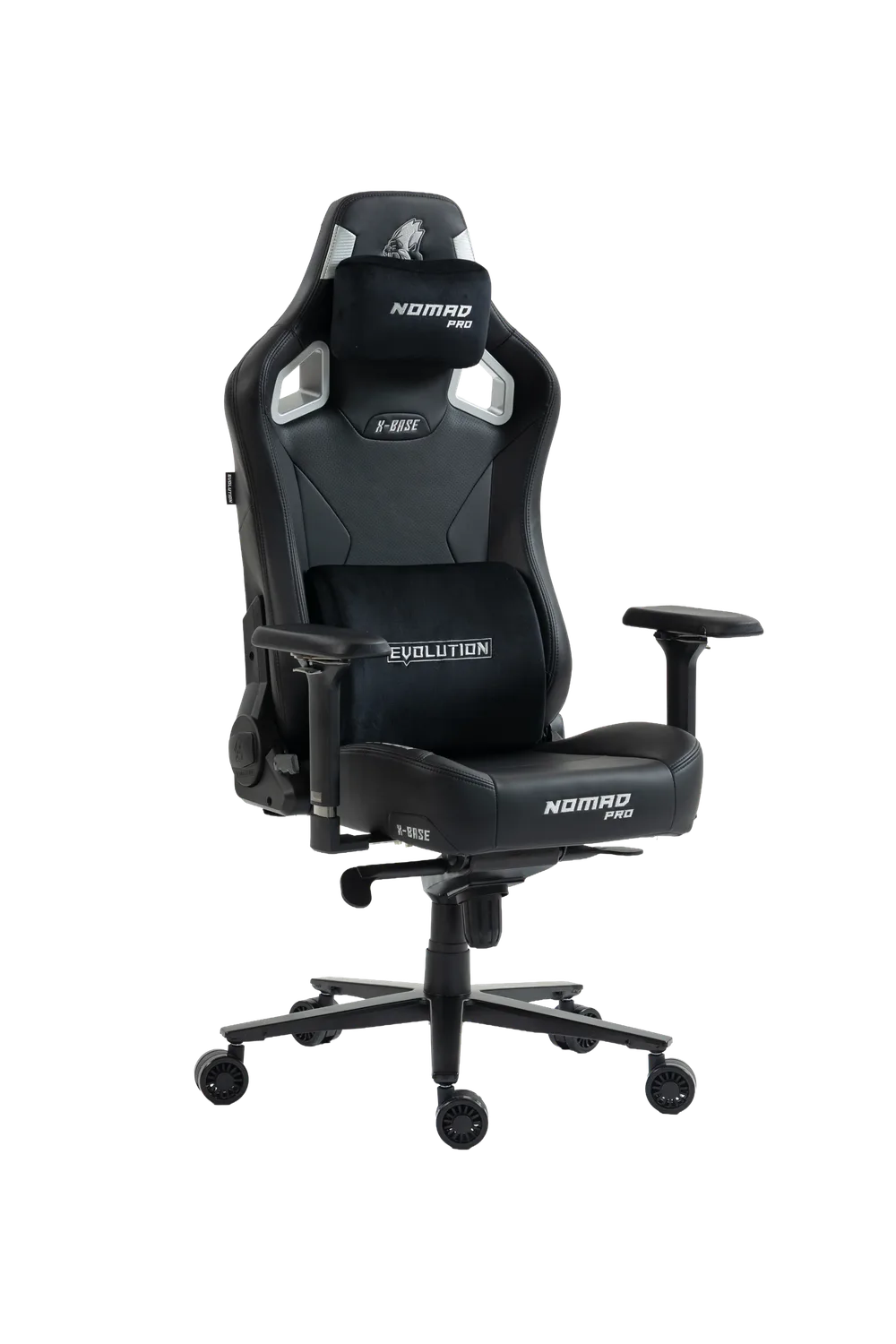 Игровое кресло NOMAD PRO X-BASE, вид спереди, черно-серебристое