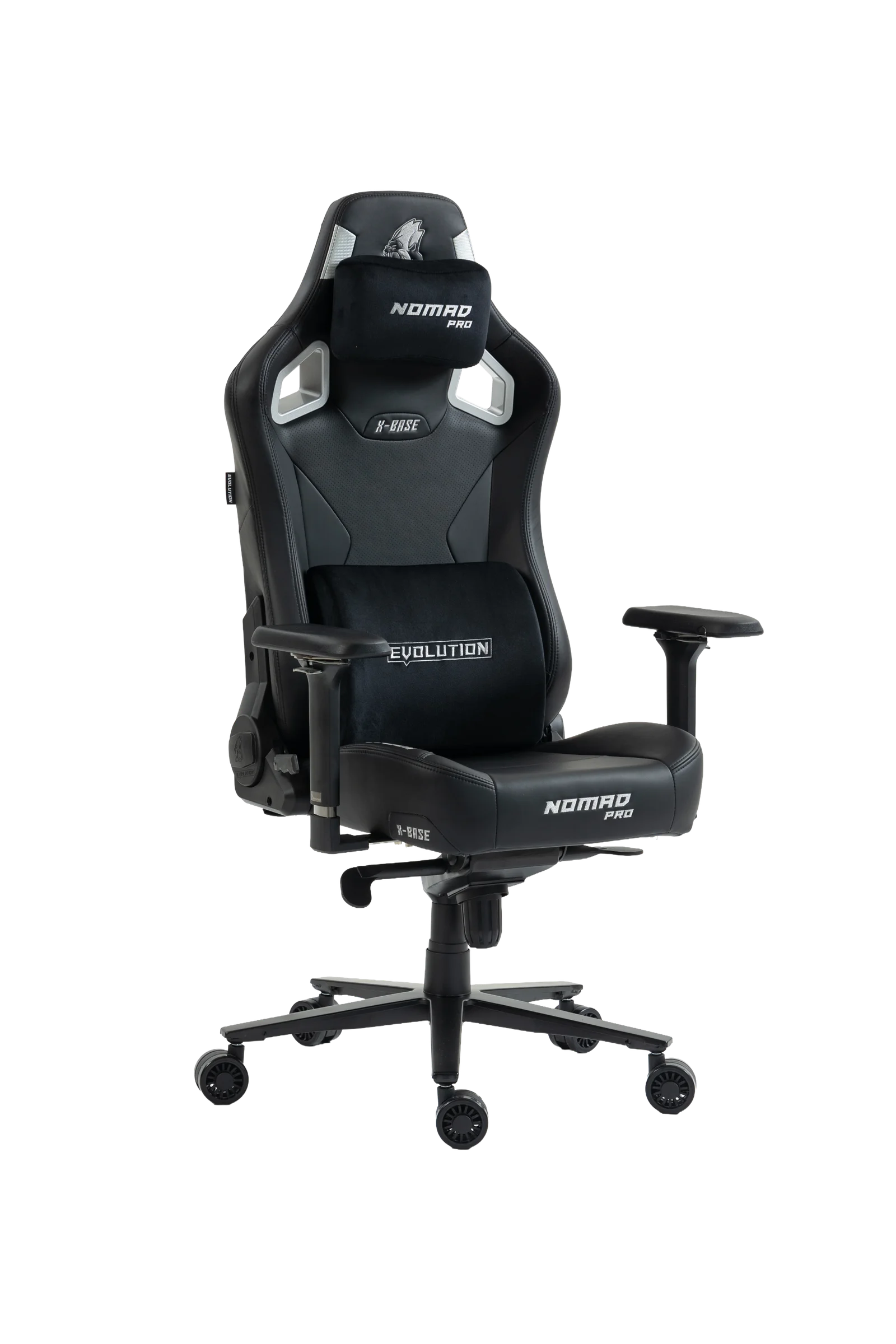 Игровое кресло NOMAD PRO X-BASE, вид спереди, черно-серебристое