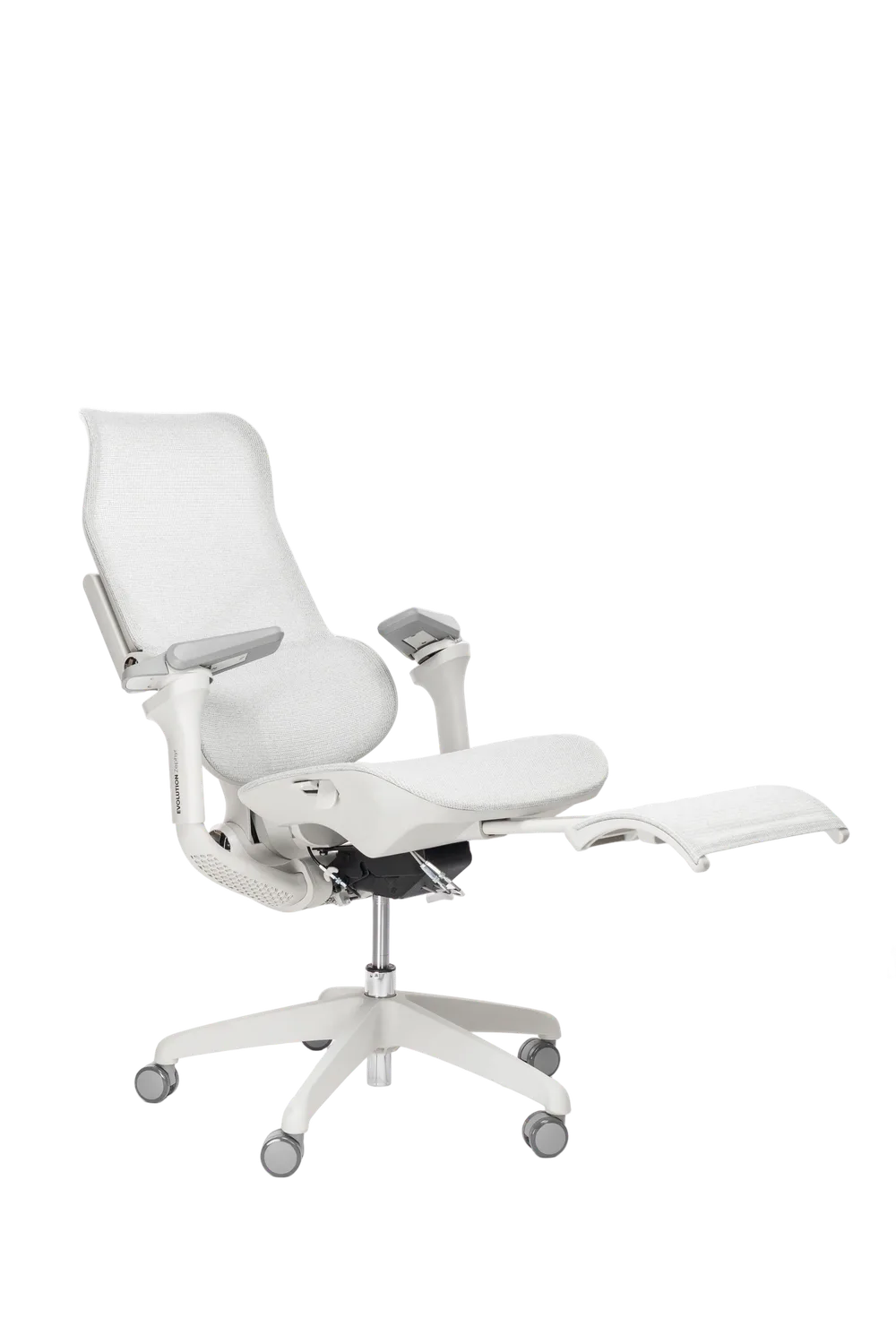 Игровое кресло EVOLUTION Zephyr Grey, боковой ракурс с подставкой для ног